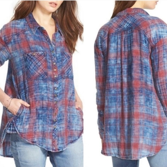 Free People Double Dip Dye Plaid Button Up Gauzy Cotton XS - Picture 2 of 16